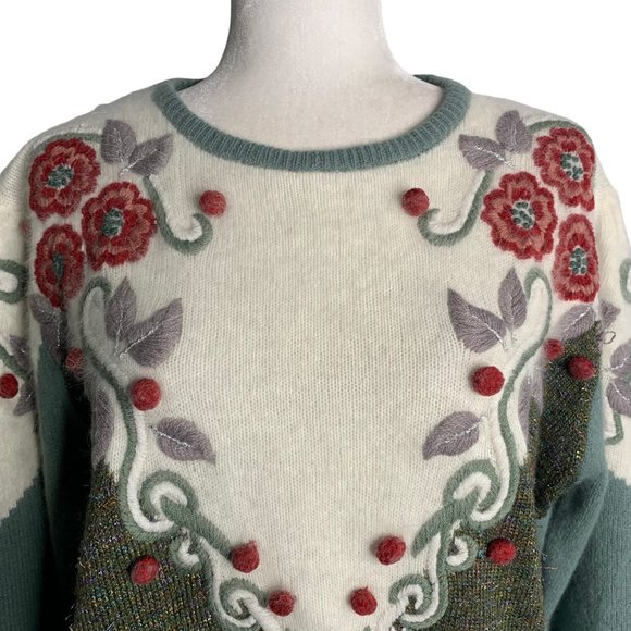 Vintage 80s Lambs Wool Angora Knit Sweater M Green Embroidered Floral Pullover - Picture 2 of 7